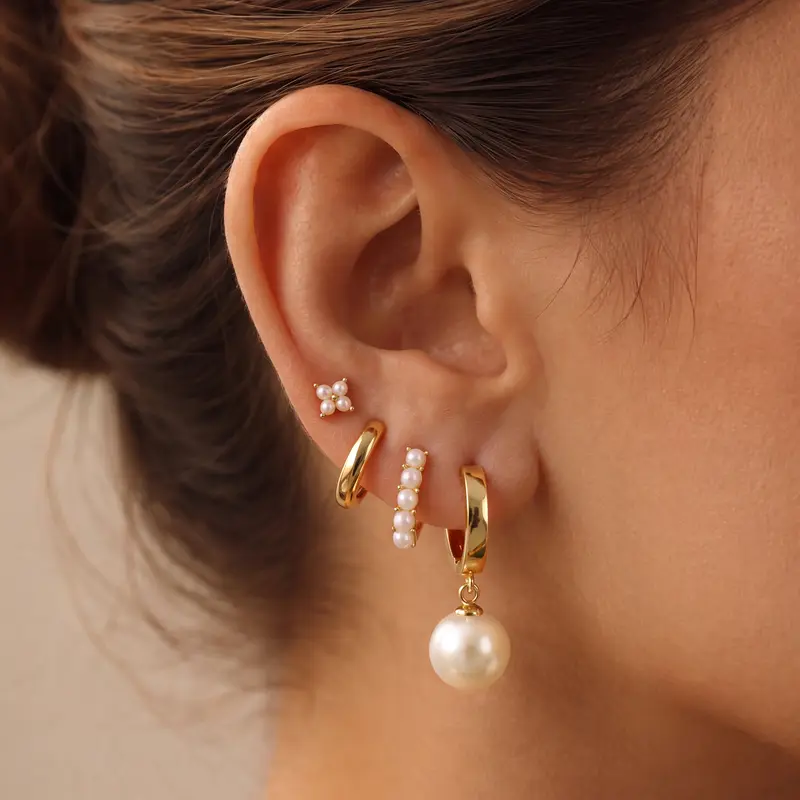 Dearmay Women's Pearl Earring Stacking Set - 14K Gold-Plated Mix & Match Hoops, Waterproof Hypoallergenic Jewelry for Women, Daily All-Seasons Gift