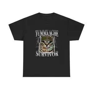 Tummy Ache Survivor T-Shirt – Funny Cat Meme Streetwear Tee for Men, Vintage Crewneck Shortsleeve Graphic Top, Casual Humor Apparel Gift