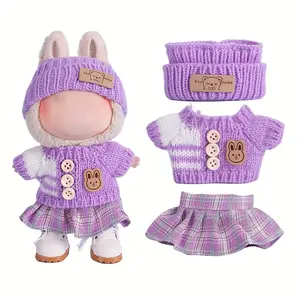 6.69inch Labubu Doll Clothes Set with 3, Stylish Fisherman Hat, Sweaters, Pants or Skirt for Bulabu Dolls, Perfect Accessories for Play & Display
