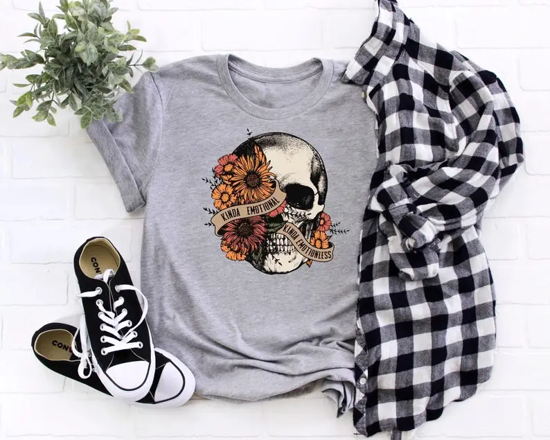 Kinda Emotional Kinda Emotionless Shirt, Halloween T-shirt, Floral Skull Shirt, Therapist Shirt, Fall Shirt, Mental Health Awareness Shirt.