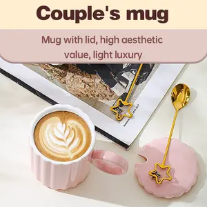 Rumilife Petal Ceramic Mug Light Luxury Couple's Mug Set with Lid & Star Spoon - Aesthetic Ceramic Coffee/Tea Cup