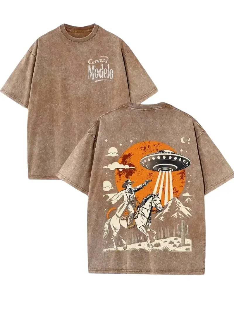 Men's Fitted Retro "Cerveza Modelo Cowboy vs UFO" Graphic Washed Cotton Fabric T-Shirt, Men's Tops