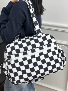 1pc Checkerboard Large Capacity Casual Shoulder Bag with Color Contrasting Grid Zipper Closure, Handheld and Single Shoulder Suitable for Students, Party Students, Classes, Working People, Commuting, Short Distance Travel. Can be carried as a shoulder bag
