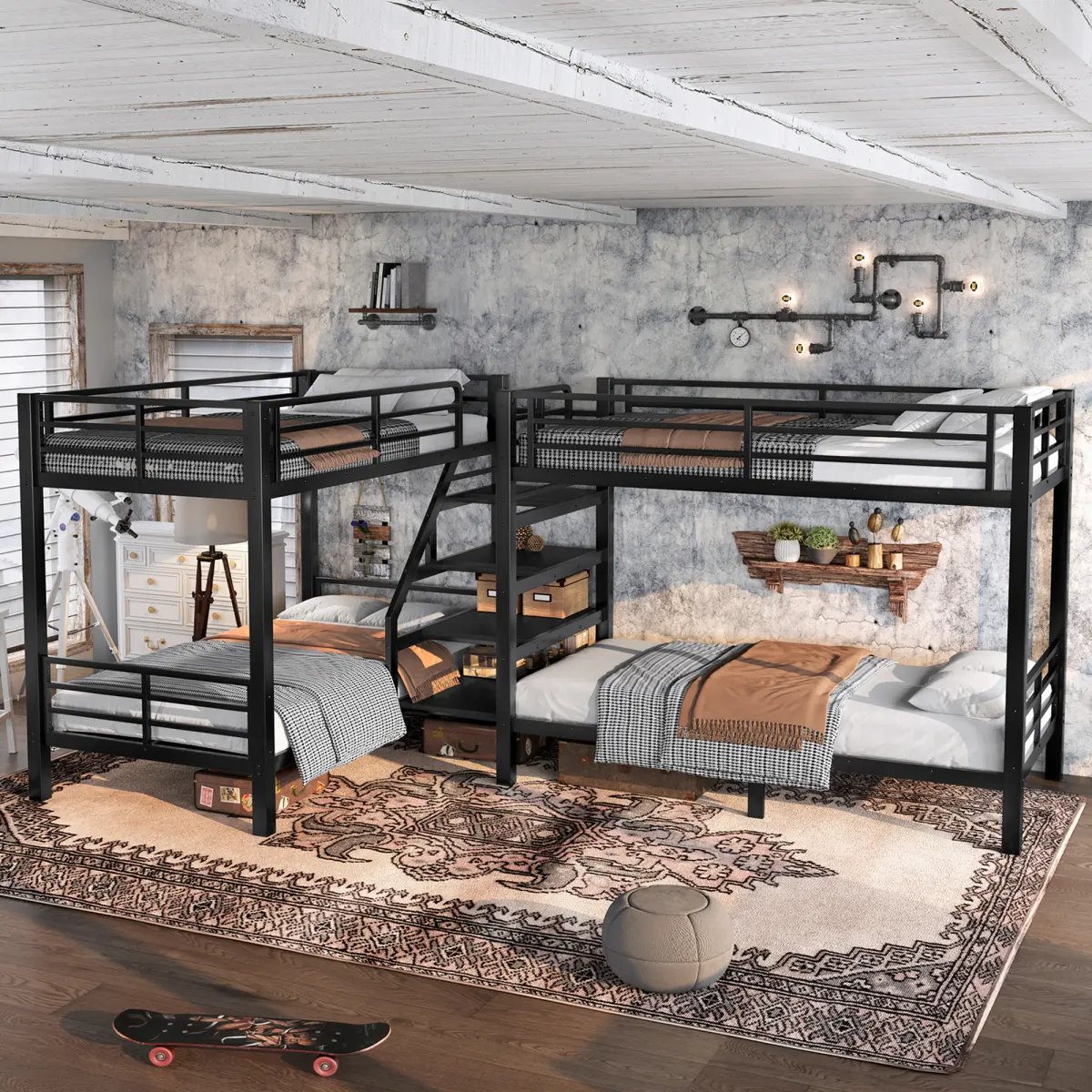 Quad Bunk Bed Twin Size L-Shaped Metal Bunk Bed for 4 with Storage Shelves and High-Quality safety Guardrail, Heavy-Duty Metal Bunk Bed Frame, Noise Free,Black