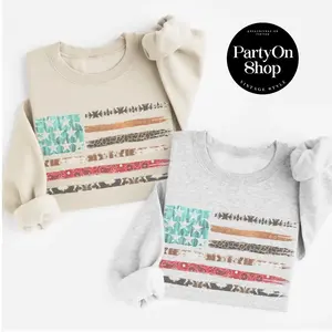 Vintage Western Sweatshirt BOHO USA Flag Pullover Cowboy America Flag Crewneck Unisex Casual Retro Patriotic Sweater Sublimation Vintage Print Flag Top