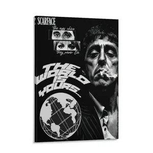 Scarface Tony Montana The World Is Yours Canvas Print, Black White Grunge Movie Quote Wall Art, Decor for Bedroom, Living Room, Game Room, Office