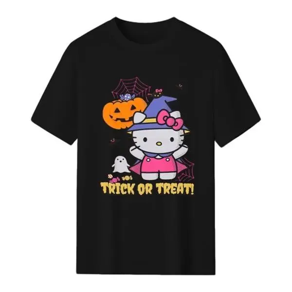 Sanrio Hello Kitty Women's Casual Comfortable Fit Style Short-Sleeve Cotton Witch Halloween T-Shirt - Trick or Treat Pumpkin Ghost Bat Graphic Top for Girls