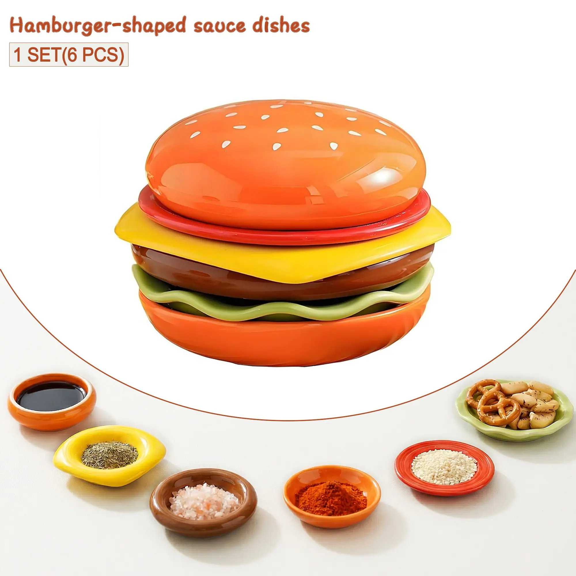 6-Piece Burger-Shaped Layered Dip Dishes, Creative Snack Tray, High-End Kitchen Seasoning Dishes, Home Use, Stylish Food Presentation, Modern Ceramic Plates, Food Tableware, Decorative Plates, Food Trays