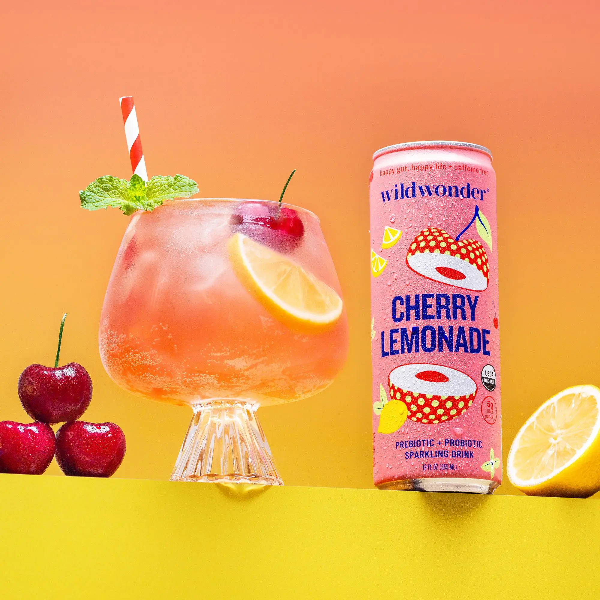 wildwonder Sparkling Probiotic Drink For Gut Health & Immune Support, Cherry Lemonade, 5g Prebiotic Fiber, Live Probiotics, Organic, Vegan, Low Sugar, 12oz Can, Seen on Shark Tank,summerwins  Fruit Beverage