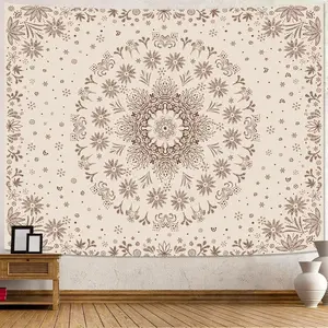 Boho Floral Mandala Tapestry Wall Hanging Bohemian Flower Medallion Tapestry Aesthetic Beige Brown Hippie Indian Small Tapestries for Bedroom Living Room Dorm Decor