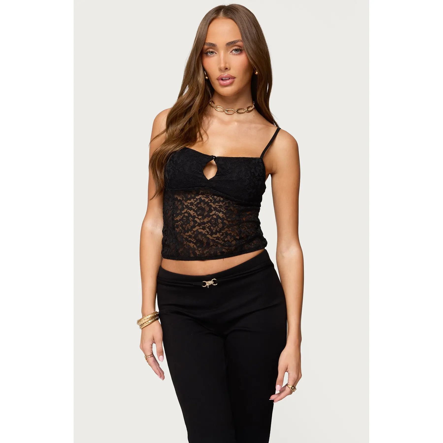 Janice Sheer Lace Keyhole Tank Top