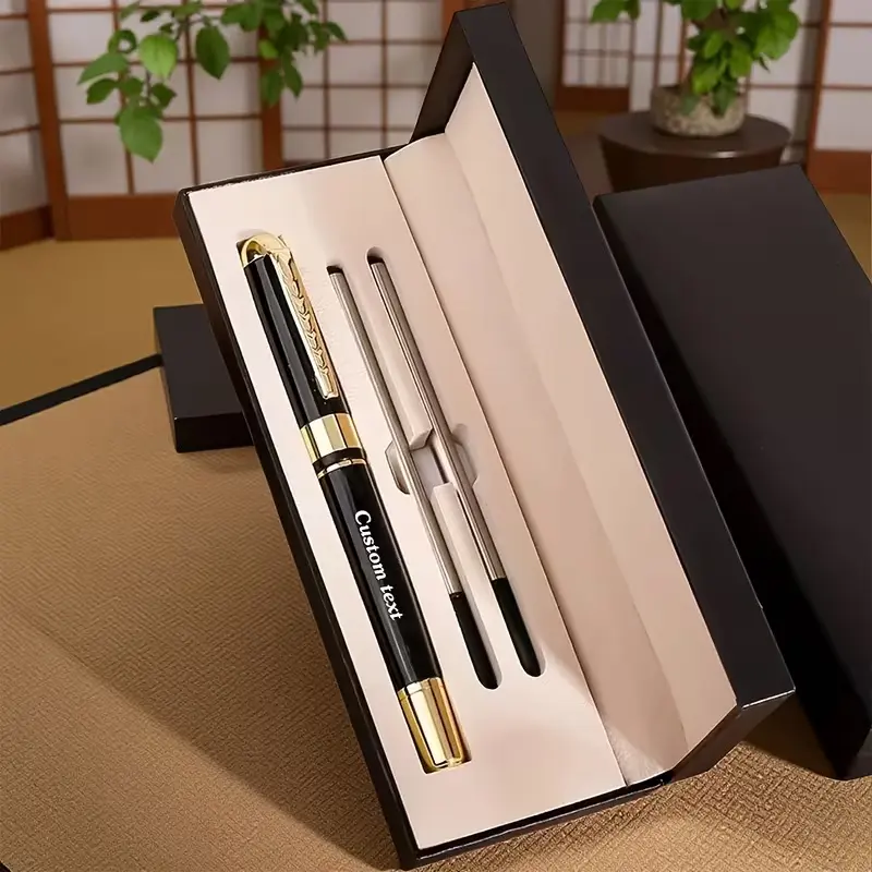Luxury All‑Metal Click Gel Pen Set — 1 Pen + 2 Refills & Gift Box — Custom Engraving (Logo/Text), 0.5mm Smooth Black Refill — Executive Business & Holiday Gift