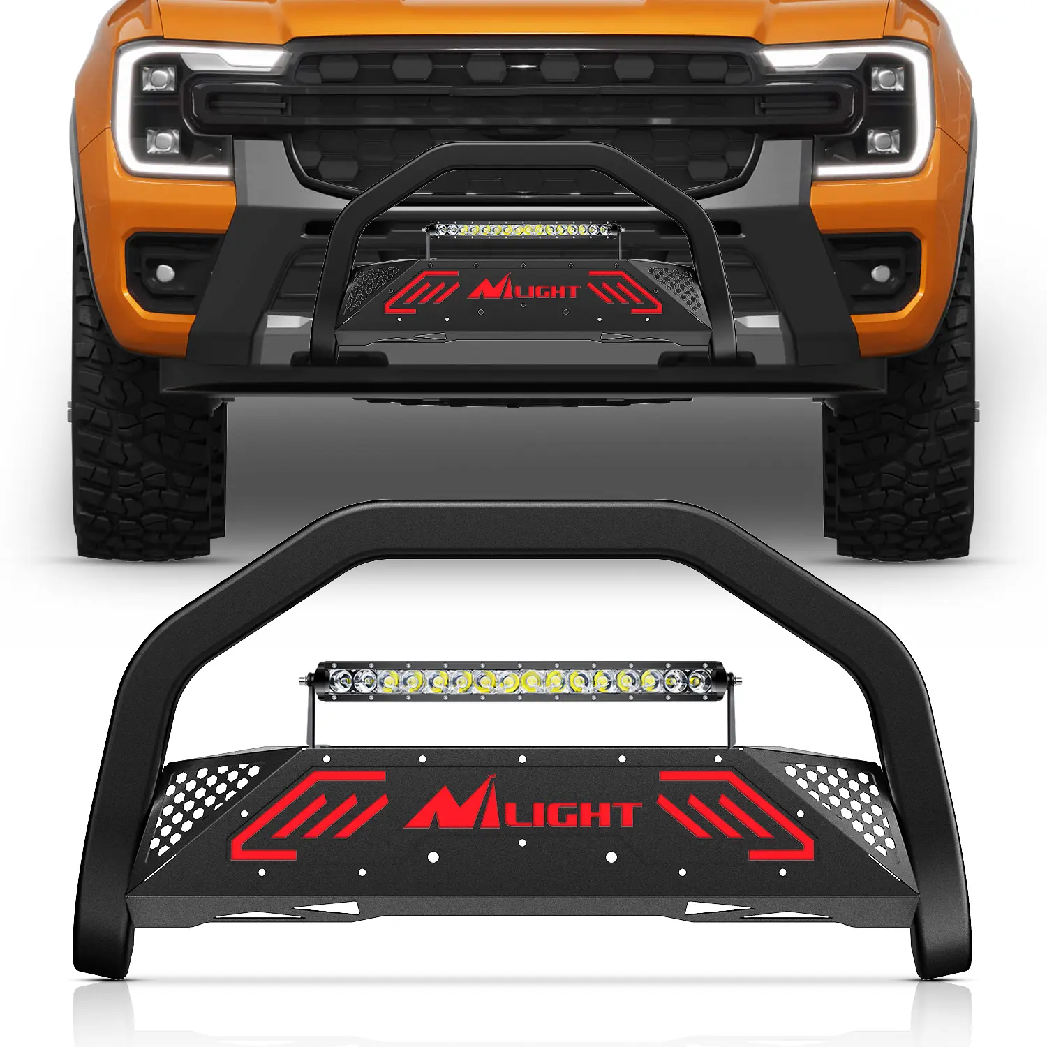 Nilight Steel Bull Bar with LED Lightbar, Off Road Lights, License Plate Reserved Hole, Dual Mesh Grille Skid Plate - Easy-to-Install Direct Bolt-On Front Bumper Push Brush Guard for 2019-2023 Ford Ranger Trucks, Nighttime Adventures Ready