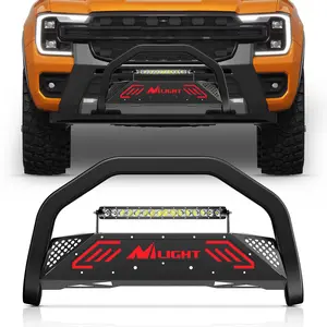 Nilight Steel Bull Bar with LED Light Bar, License Plate Hole, Grille Skid Plate & Light Mount - Off Road LED Work Lightbar for Ford Ranger 2019-2023 Trucks, Front Bumper Push Brush Guard with Aggressive Look