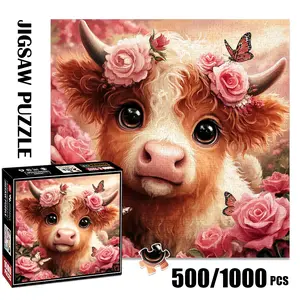 1pc 1000 piece adult puzzle 58x58cm Cute Cow with Flower Crown and Butterflies 500 pieces paper jigsaw puzzle suitable for DIY creative games for adults and families, birthday and holiday stress rel Animal Shape Puzzle