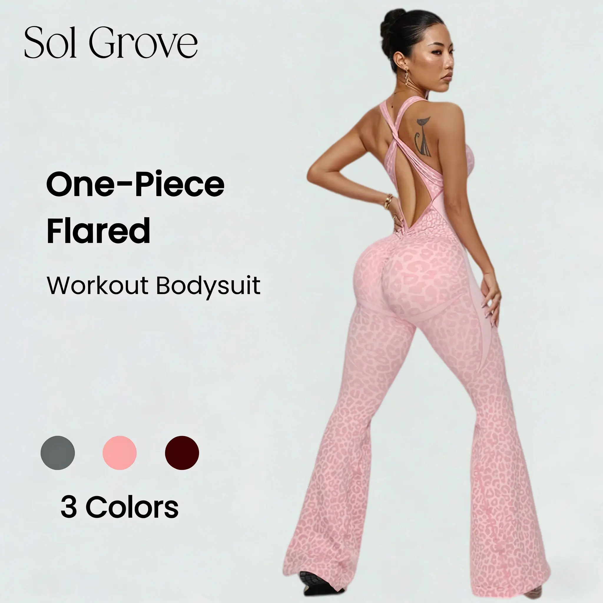 Sol Grove Jaguar Leopard Print Athletic Dress - Nylon Quick-Dry Full Body Suit Overalls, Flared Cut Activewear Romper Overalls, Butt Lifting Support for Yoga Workouts