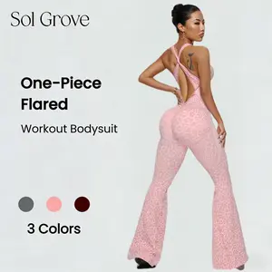 Sol Grove Jaguar One-Piece Flared Sol Grove Jagugar Sports Jumpsuit Workout Bodysuit Womenswear Nylon Flared Romper Leopard Print Quick-dry Fabric Butt-lifting Support Yoga  Overalls