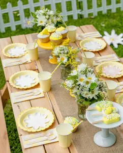 Daisy Party Paper Plate Cups Napkins Cutlery Set of 16 for Kids Birthday Party Decoration Groovy Peace Theme Bday Celebration Decor Yellow