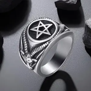 Men Women Pentagram Ring Stainless Steel Baphomet Goat Devil Vintage Gothic Satanic Jewelry Size 8-13