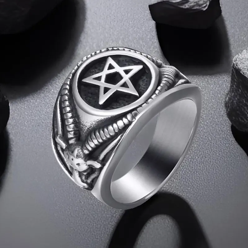 Men's & Women's Pentagram Baphomet Goat Witchy Jewelry Ring - Stainless Steel Vintage Goth Punk Rings, Customized, Exquisite Workmanship, Hypo-Allergenic, Tarnish Resistant, 0.67in Durable Daily Wear, Sizes 8-13