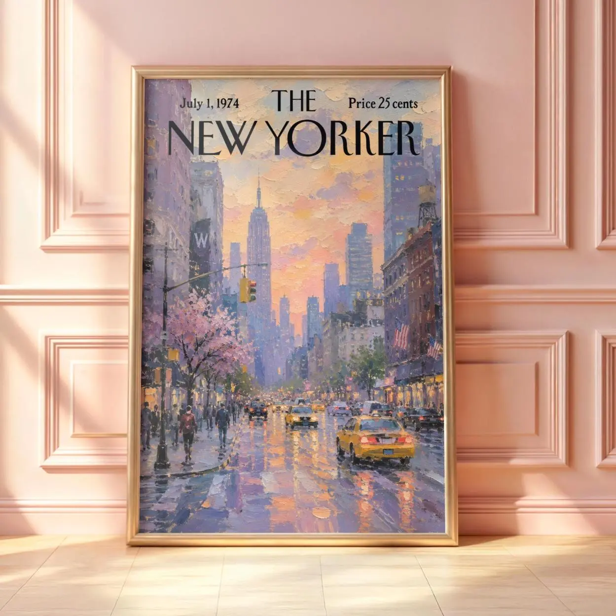 Vintage New Yorker Poster, Retro Empire State Rainy Street Print, New York Yellow Taxi Wall Art, Mid-Century Magazine Cover, Classic Styles, Never Go Out of Fashion, Soft Cotton Blend, Breathable Comfort