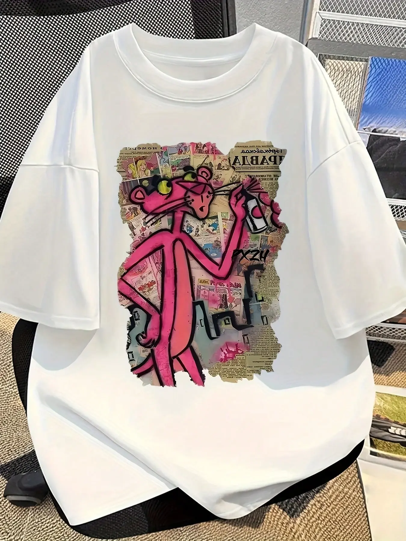 Ladies' Fashion Pink Panther Pattern Printed Short Sleeve T-Shirt -100% Cotton, Machine Washable, Four Seasons Casual Top, Suitable For Casual And Fashionable Commuting |Casual Shirt | Breathable Cotton