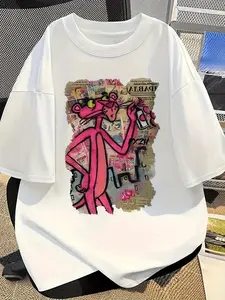 Ladies' Fashion Pink Panther Pattern Printed Short Sleeve T-Shirt -100% Cotton, Machine Washable, Four Seasons Casual Top, Suitable For Casual And Fashionable Commuting |Casual Shirt | Breathable Cotton
