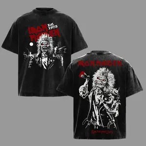 Vintage Run For Your Life Iron Maiden Washed Tee, Rock Band 1975 Heavy Metal Graphic Shirt, Menswear Gift for Music Fans, Oversized Heavyweight Cotton T-Shirt