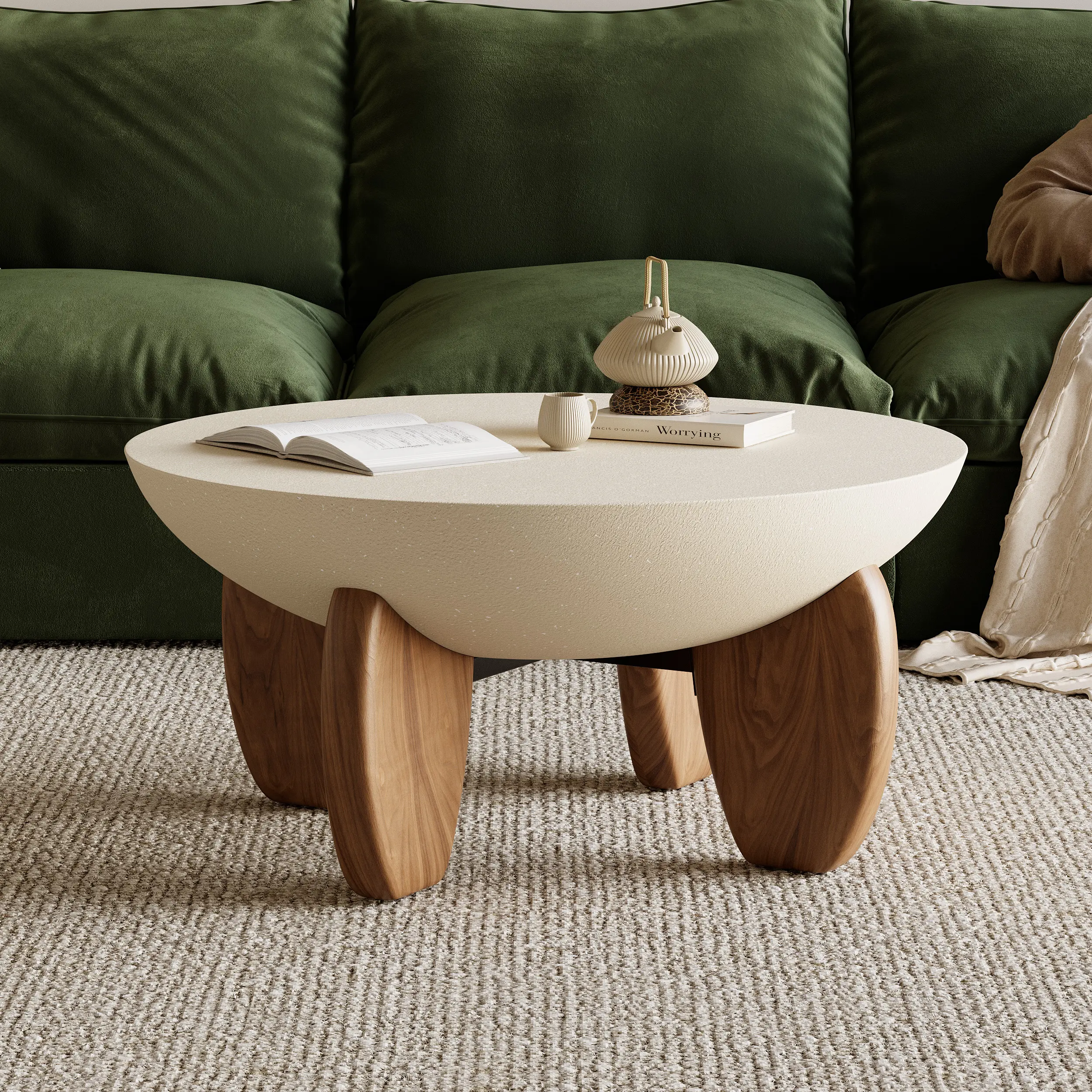 Homary Curva Round Concrete Coffee Table - Walnut Accents, Wood Legs - Modern Disc-Shaped Circle Flat-Top Indoor Living Room Accent Table for Living Space Use, Disc-Shaped Coffee Tables