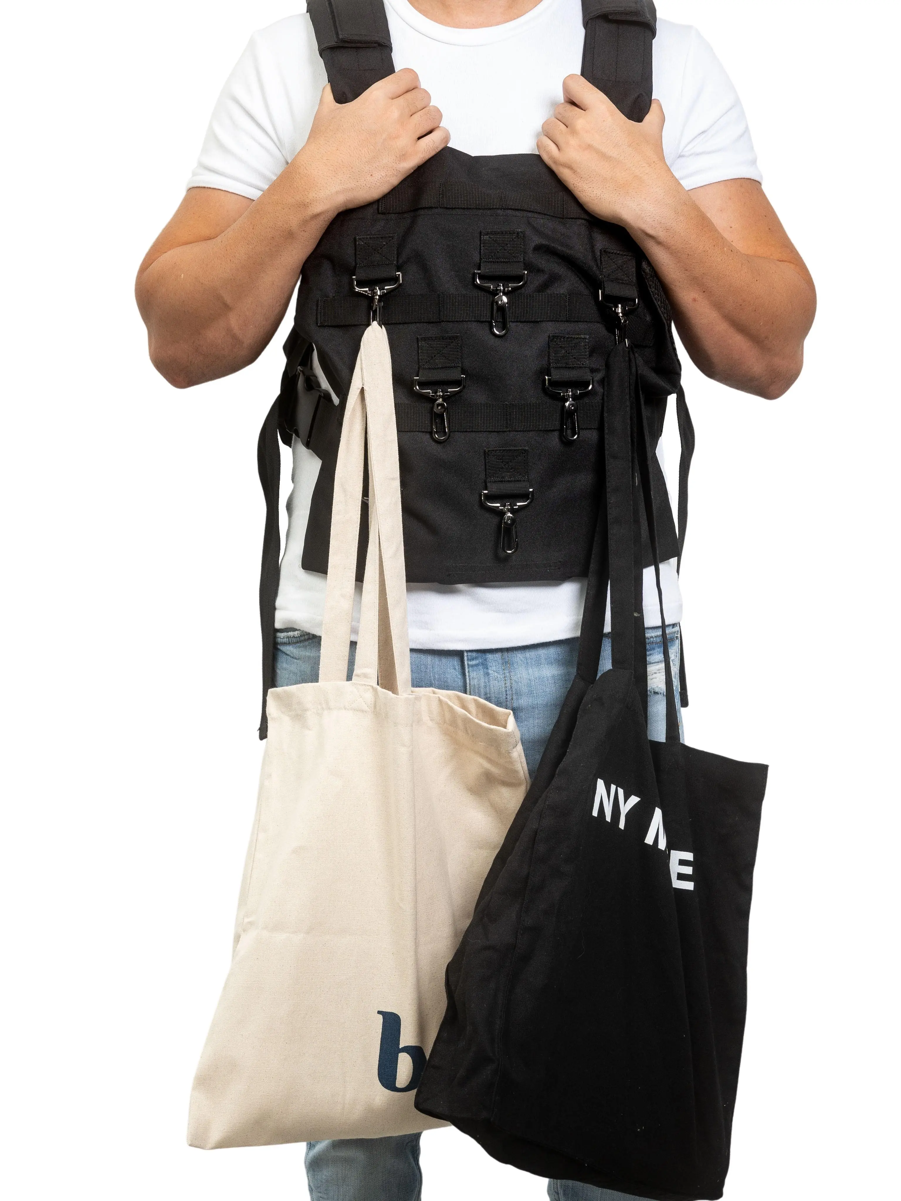 Grocery Vest, Carry Your Groceries In One Trip, Strong Nylon, Black, Metal Clips, Carry Up To 200LBS, Adjustable, as seen on snake oil