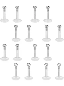 16 Pcs Unique Clear Acrylic Labret Studs with Stainless Steel Tops for Women Men Flexible Piercing Jewelry with CZ Inlaid Flat Back Hypoallergenic Lip Tragus Helix Cartilage Piercing Set Comfortable Retainer Style Unisex Body Jewelry for Daily Wear