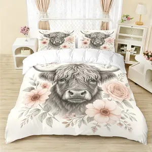 3-piece quilt cover set (1 quilt cover +2 pillowcases, no core) Highland cow flower pink rose and Gesang flower print soft and comfortable bedding, suitable for all rooms including hotel bedrooms Floral Quilt Set