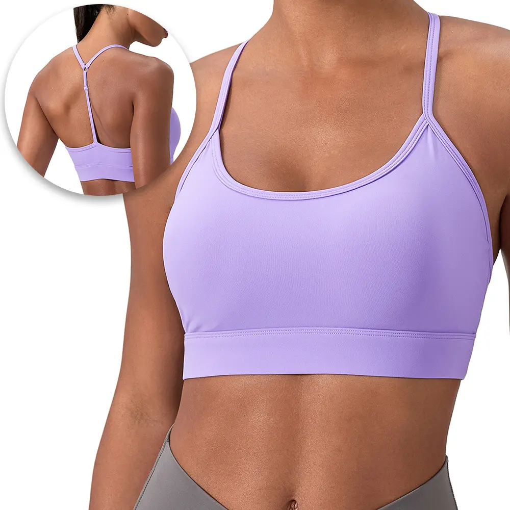 Women's Scoop Neck Sports Bra - Thin Adjustable Straps, Back Clasp, Removable Pads, Low-Impact Soft Stretch Crop Top for Yoga, Pilates, Daily Lounge