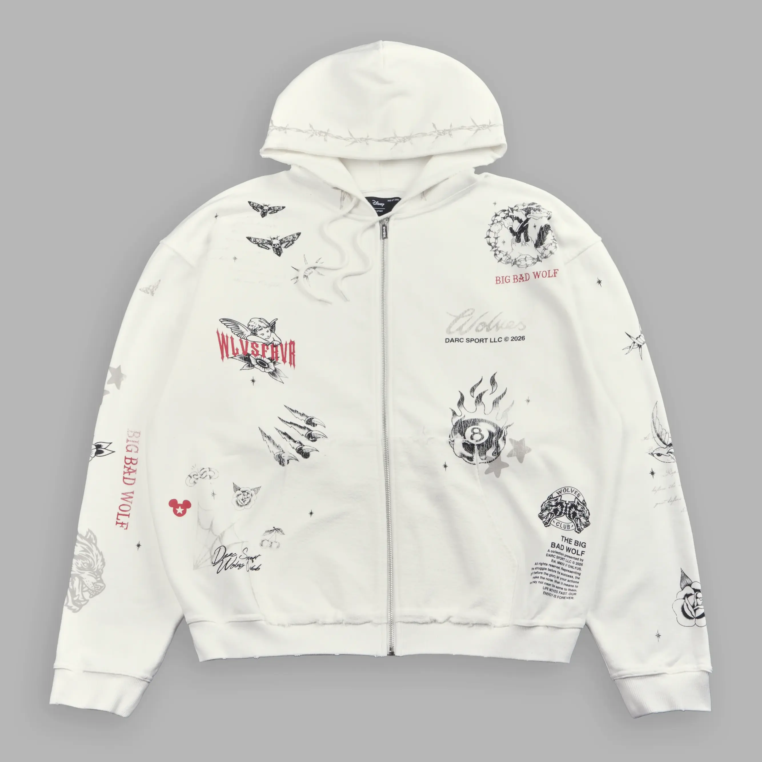 Big Bad Wolf Zip Hoodie, Vintage Tattoo Graphic Full Zip Sweatshirt, Y2K Gothic Streetwear, Retro Grunge Fashion Gift