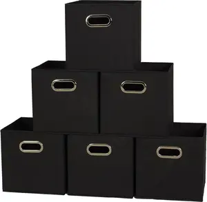 Household Essentials Foldable Fabric Storage Bins 6 Piece Set, Strong Poly-Woven Fabric, Sturdy Chipboard Sides, Grommet Front Handle, Stackable and Foldable, Classic Design, Black