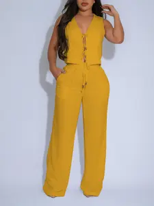 JOYPAY Yellow Sleeveless Wide Leg Jumpsuit for Women Casual V Neck One Piece Outfit with Pockets Top Chic Flowy Overalls Pants Basic Womenswear Style   YM030