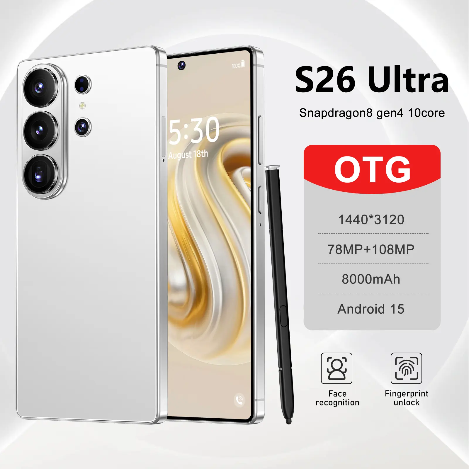2026 S26 Ultra 5G Smartphone: 12GB+512GB, Android 15, 8000mAh Large Battery, 78MP+108MP HD Camera, 6.99" Display, Built-in Stylus, Unlocked with Case