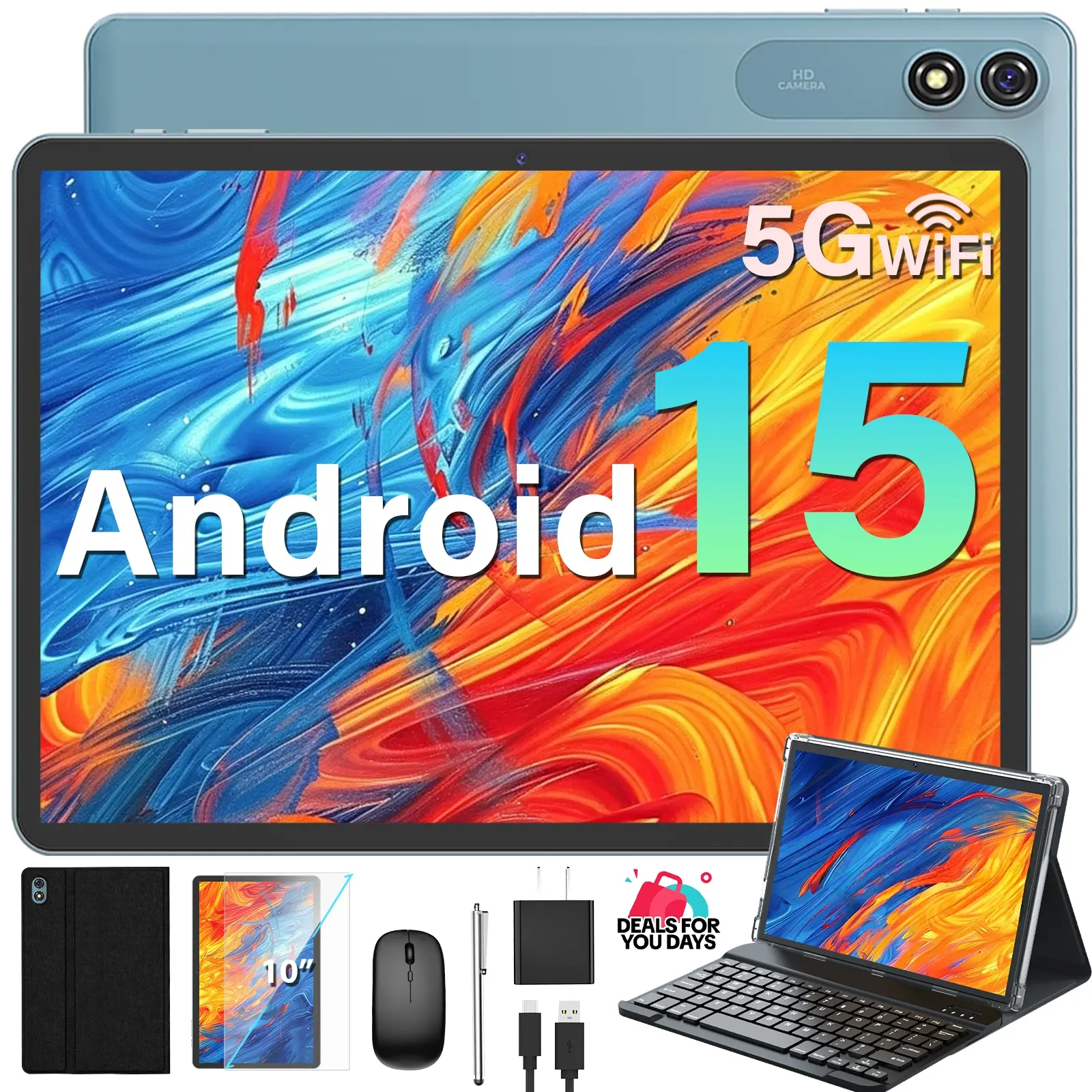 【DealsForYouDays】2026 Relndoo Android 15 10.1 inch Tablet, 2.4G/5G WiFi, New Set with keyboard, Case, Mouse, Nice Father's Day Gift Bundle