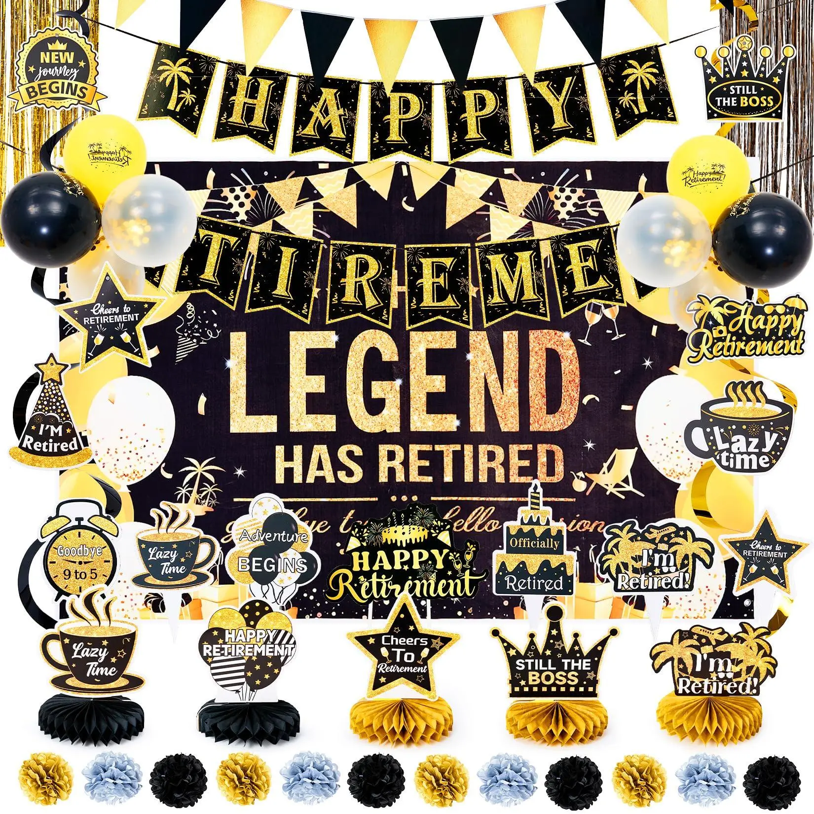 101Pcs Retirement Party Decorations, Black and Gold Happy Retirement Decorations Set, The Legend Has Retired Backdrop, Banner, Balloons, Honeycomb Centerpieces, Hanging Swirls, Tissue Paper Pom Poms, Fringe Curtain for Retirement Party Supplies