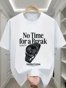 Short Sleeve T-Shirt with Black Text "No Time for a Break" on Front Watch Pattern And "Another" Text Print. The Text And Watch Pattern Combined Convey a Busy Time-Saving State with a Easy Style And Expression of Time Management