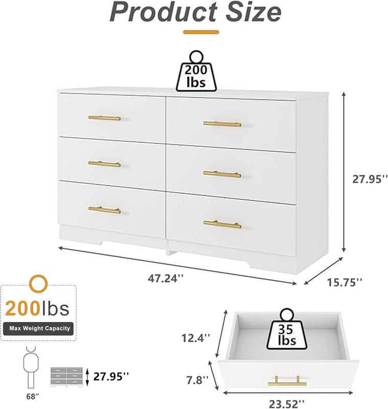 Spaco White Dresser for Bedroom, Modern Large 6 Drawer Dresser w/Gold Handle,Storage Chest of Drawers,Wood TV Stand Dresser,Dresser Bedroom Furniture