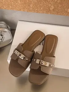 Women's Large Size Sandals, Classic H Hollow Out Design, Square Toe Flat Sole, Casual Comfort for Commuting, Dating, Vacation, Flat Shoes Sandals