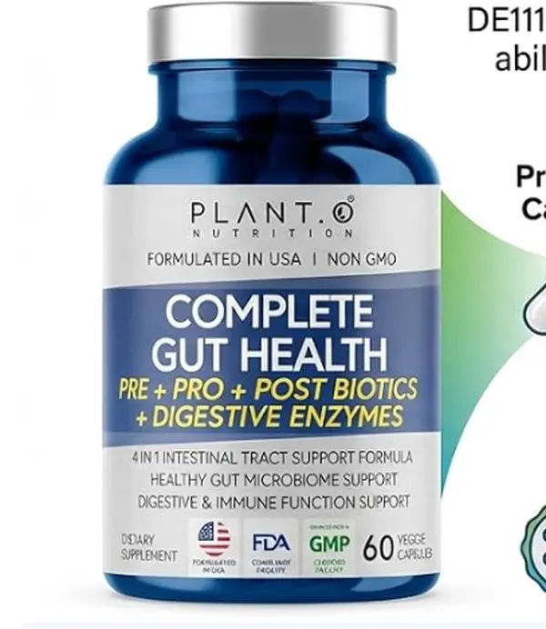 4-in-1 Gut Health Support Supplement with Prebiotics, Probiotics, Postbiotics & Digestive Enzymes | DE111 Spore Probiotics for Digestive Support & Bloating Relief | Daily Immune & Gut Support for Men & Women | Non-GMO 60 Veggie Capsules