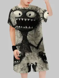 Boys' Hand-Drawn Monster Print Set, Husky Boy Clothes, Short Sleeve Top & Shorts Two-Piece, Casual Fitted Style, Daily Wear