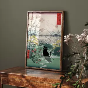 Otsuki Plain Black Cat Poster in Kai Province, Hiroshige Art, Japanese Cat Prints, Japanese Art, Edo Period Mount Fuji Poster