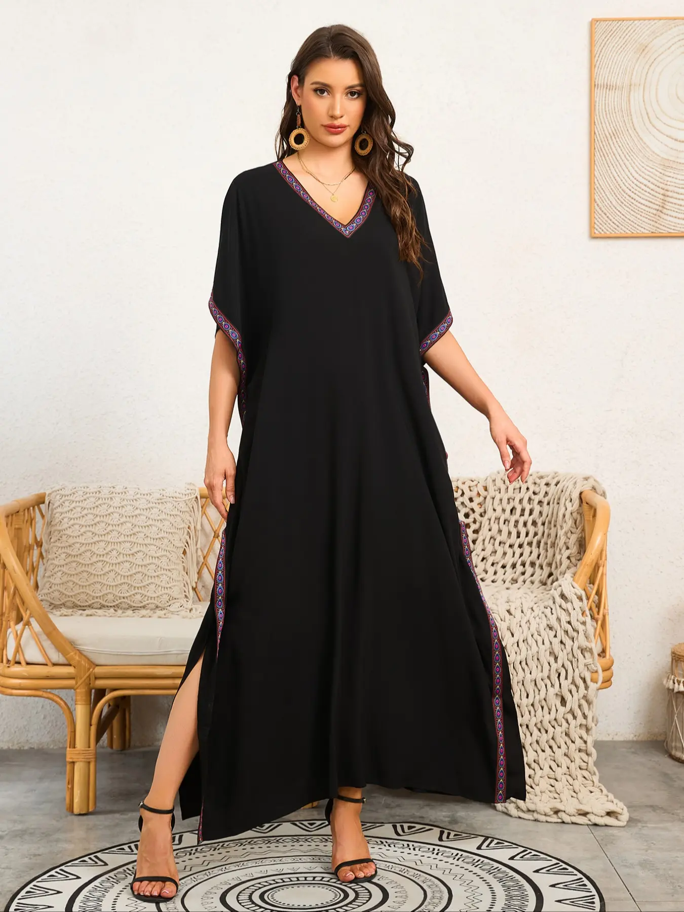 black long sleeve dress with deep v neck Wedtrend Women Black Formal Dress A Line V Neck Chiffon Evening Dress With Long  Sleeves – WEDTREND main image 0