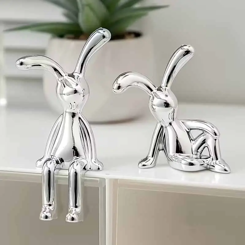 2pcs Nordic Style Creative Decorative Rabbit Ornaments, Silvery-Plated Rabbit Statue Artistic Desktop Decoration, Creative Desktop Craft, Cute Figurines, Car Decorations, Home Decorations