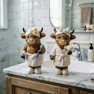 Cute Highland Cow Figurine Bathroom Decor, Healing Series Small Bull Doll, Resin Desktop Ornament, Birthday Gift Idea