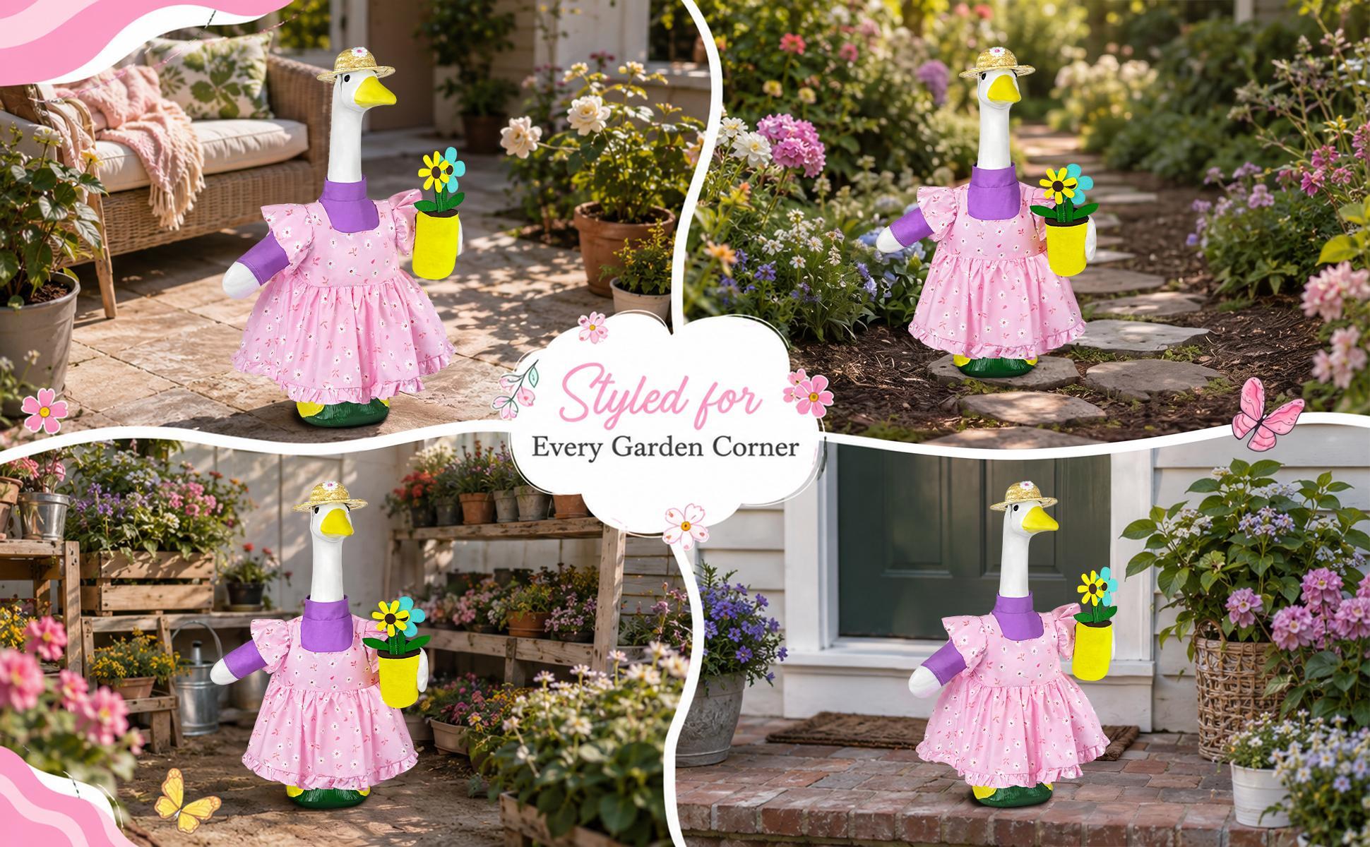 23in Polyester Gardening Costume Kit for Porch Goose, Pink Daisy Floral Ruffle Dress with Purple Inner Outfit, Straw Hat, Handheld Potted Flower Accessory, Lawn Statue Clothes for Yard Patio Spring Easter Decor