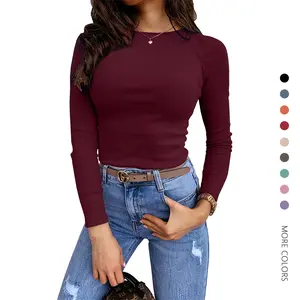 Danedvi Women's Lady Solid Long-Sleeve Ribbed Fitted Minimalist Knitwear - Stretchy Spandex Clothes, Slim Tight Basic Top for Fall Going Out, Pair with Jeans, Leggings